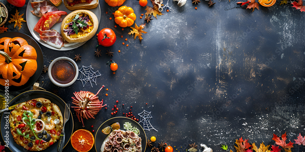 Halloween table with festive food, pumpkins, and spooky decorations Halloween table with festive food, pumpkins, and spooky decorations