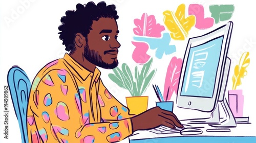 Creative Designer Working on Computer in Colorful Studio Environment