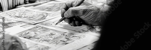 Comic book storyboard on paper Animation sketch designs photo