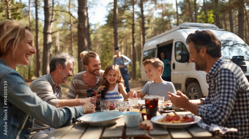 A multigenerational family dining al fresco in their automobile during a caravan holiday, family vacation where parents enjoy spending quality time together while camping in the woods A multigenerational family dining al fresco in their automobile during a caravan holiday, family vacation where parents enjoy spending quality time together while camping in the woods