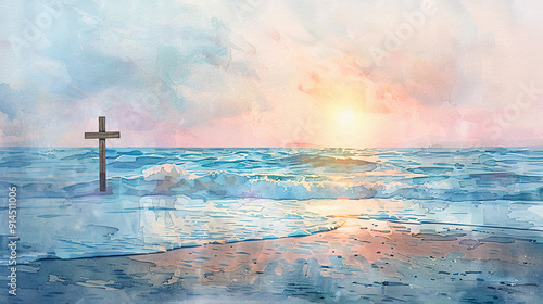 Watercolor painting Christian cross ocean sunset faith hope religion religious symbol spiritual beach shore waves sunrise inspirational jesus christ god heaven