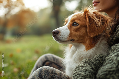 A Kooikerhondje chilling with its owner in a park. photo