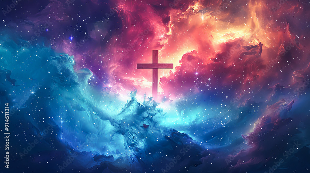 Wooden Christian cross in colorful space background God Jesus religion faith spirituality belief hope heaven symbol abstract nebula galaxy cosmos