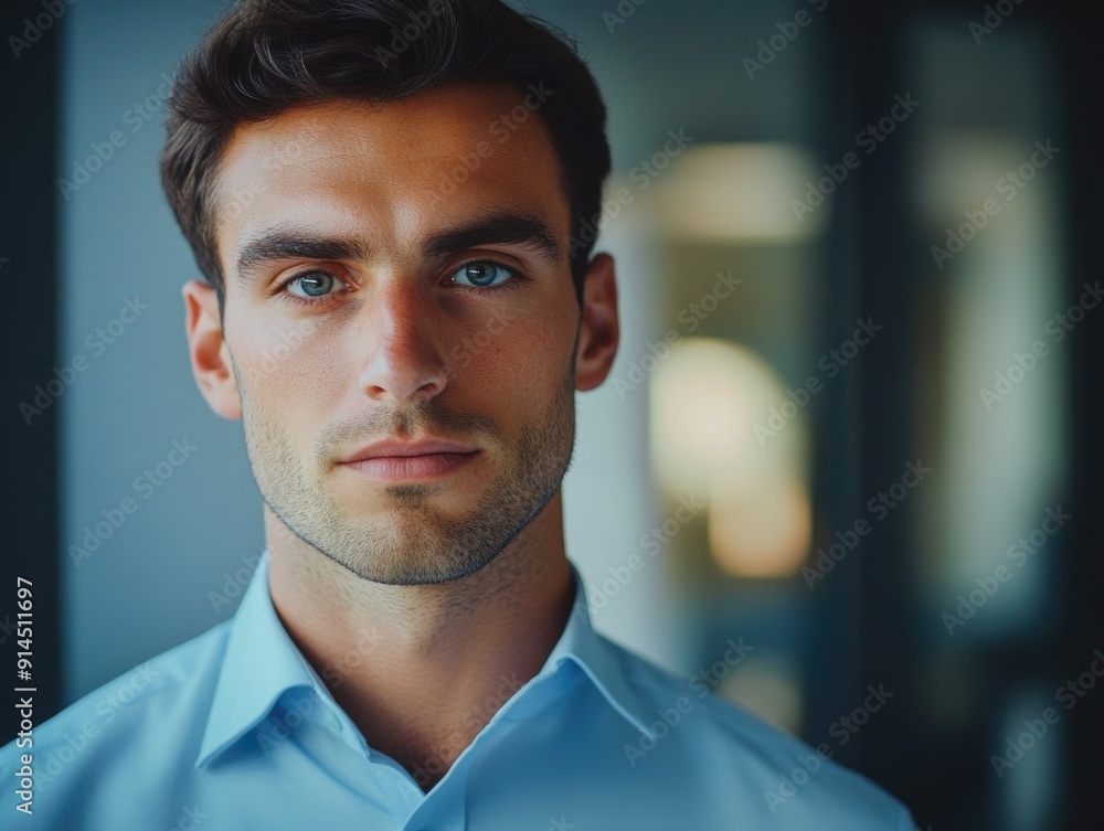 Obraz premium Close-up shot of a person wearing a blue shirt, focusing on the garment and the wearer's hands