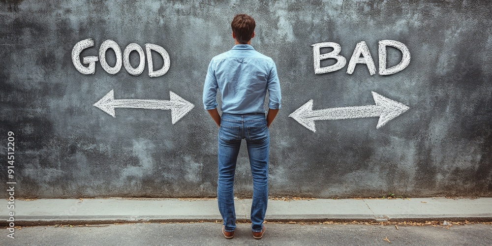 Man Faces Choice Between Good and Bad on Chalkboard Man Faces Choice Between Good and Bad on Chalkboard
