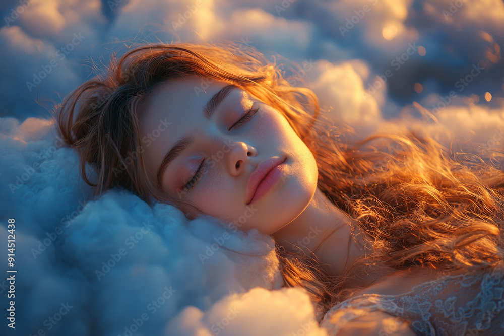 A Beautiful Woman Sleeping on a Cloud Above a Tranquil Landscape at Sunset. A Beautiful Woman Sleeping on a Cloud Above a Tranquil Landscape at Sunset.