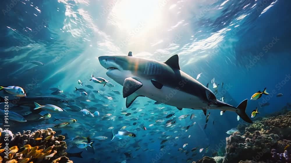 photograph of Whitetip sharks surrounded by pilot fish in the sea. panorama realistic daylight photograph of Whitetip sharks surrounded by pilot fish in the sea. panorama realistic daylight