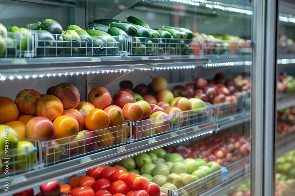 A large display of fresh fruits and vegetables in a grocery store, generative ai. A large display of fresh fruits and vegetables in a grocery store, generative ai.