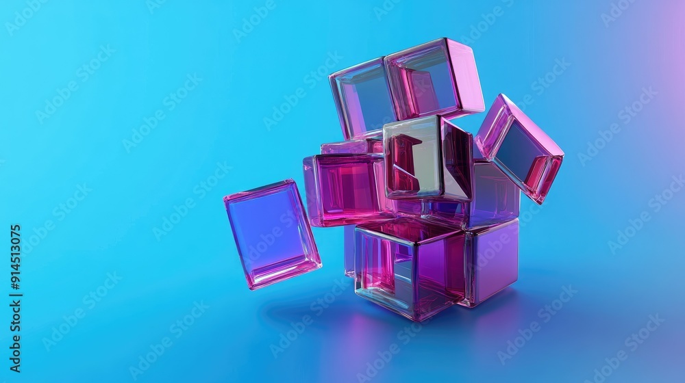 Vibrant 3D design featuring a holographic abstract cube with purple crystal blocks, isolated on a blue background for a modern and sleek look. Vibrant 3D design featuring a holographic abstract cube with purple crystal blocks, isolated on a blue background for a modern and sleek look.