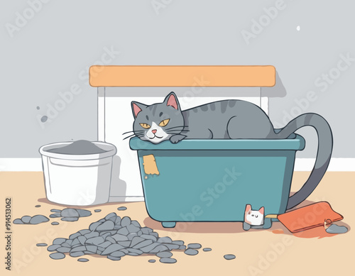 Gray cat is depressed about messy litter box. 