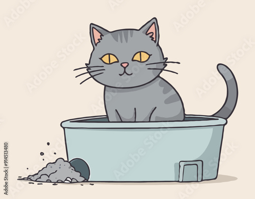 Gray cat is depressed about messy litter box. 