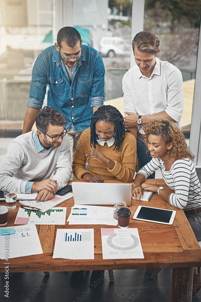 Fototapeta premium Team, smile and laptop in office for meeting, budget planning and business strategy. Men, women and finance documents with tech for research analysis, feedback and happy for creative startup review