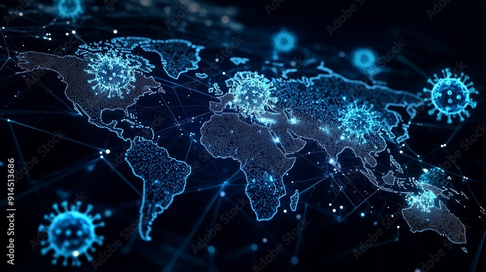 Global Disease Spread Represented in Digital Map With Network Connections and Virus Icons Global Disease Spread Represented in Digital Map With Network Connections and Virus Icons