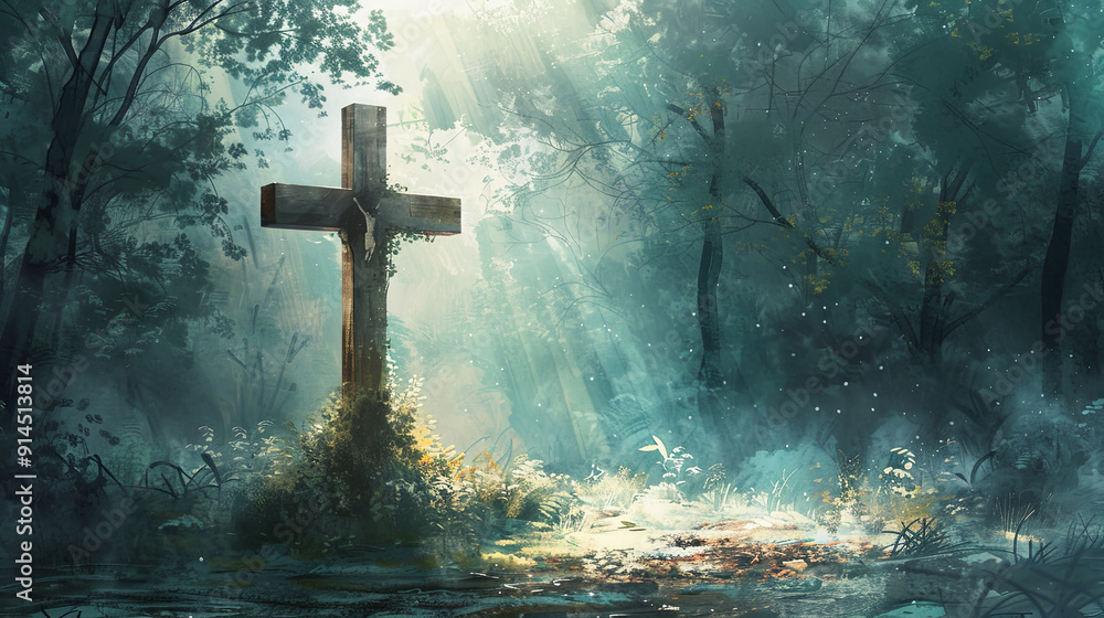 Naklejka premium Wooden cross in forest sunlight nature religion faith hope christianity spiritual green trees swamp landscape woods mysterious