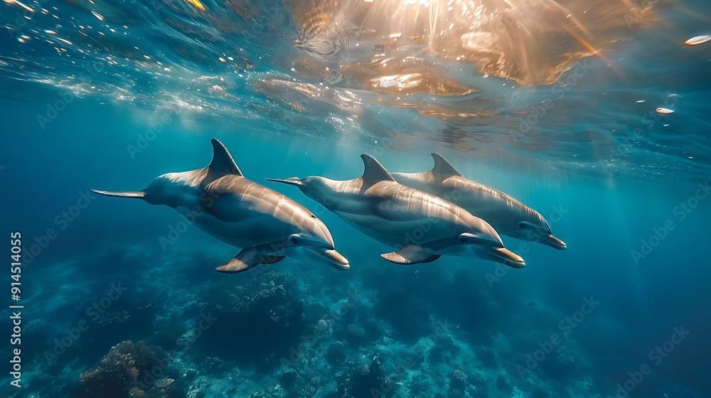Obraz premium Mesmerizing underwater scene capturing pod of dolphin Delphinidae family gracefully swimming through crystalclear azure water their sleek body illuminated dappled sunlight filtering through ocean's