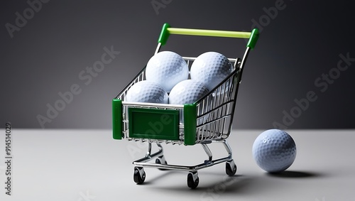a miniature shopping cart filled with five white golf balls.