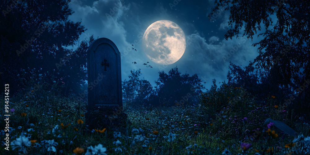 Moonlit graveyard at night for halloween theme design