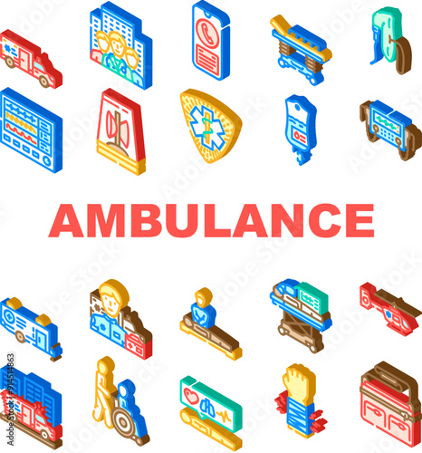 ambulance doctor hospital health icons set vector. emergency care, nurse medical, medicine patient, clinic woman, icon, first service ambulance doctor hospital health isometric sign illustrations