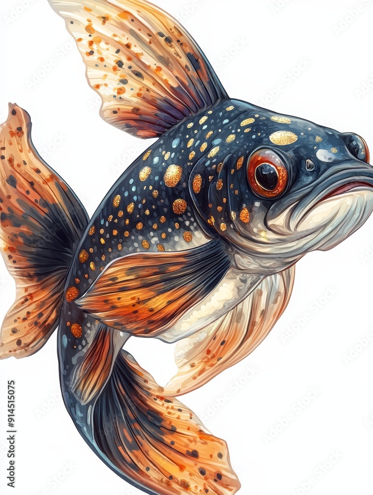 Fototapeta premium Watercolor Illustration of a Black and Orange Fish with Gold Spots
