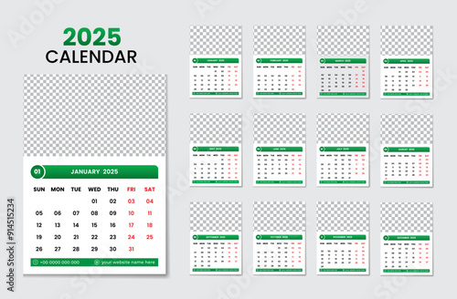 Unique wall calendar design template 2025 with 12 months included new year