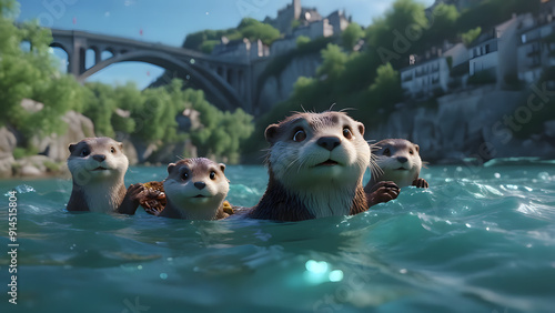 Charming Seine River scene with joyful family exploring French landmarks, excited otter parents and child having fun
