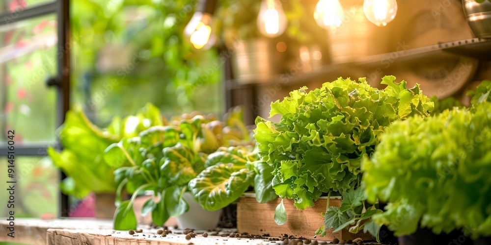 A bunch of green plants are on a wooden table. The plants are fresh and healthy, and they are arranged in a way that makes them look like they are growing together. The table is surrounded by light