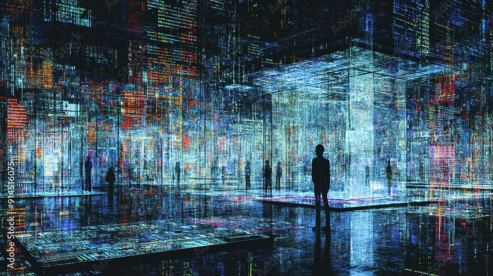 Fototapeta premium Futuristic Digital Landscape with Silhouettes in Cyberpunk Cityscape