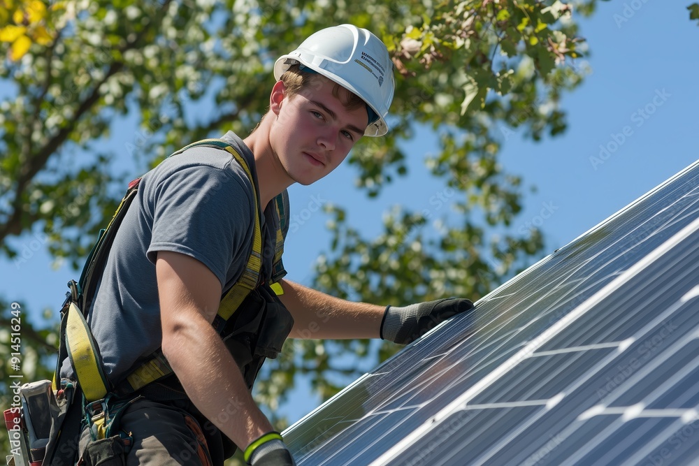 Young Worker Installing Solar Panels on Roof During Bright Sunny Day Young Worker Installing Solar Panels on Roof During Bright Sunny Day