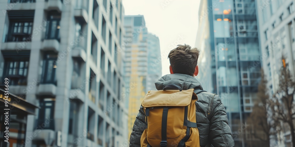 A man wearing a yellow backpack is walking down a city street. The scene is urban and busy, with tall buildings and a cloudy sky overhead. The man is focused on his surroundings A man wearing a yellow backpack is walking down a city street. The scene is urban and busy, with tall buildings and a cloudy sky overhead. The man is focused on his surroundings