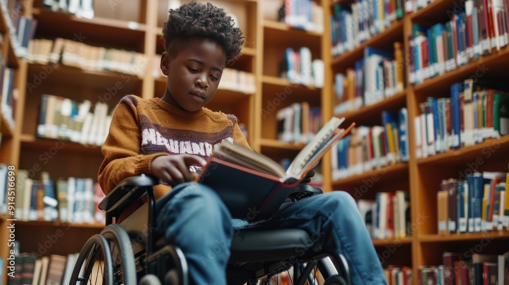 Happy young disabled black school student in wheelchair reading a library book. African american child with disability learning. Inclusive & diverse education Happy young disabled black school student in wheelchair reading a library book. African american child with disability learning. Inclusive & diverse education