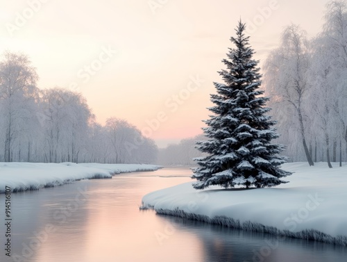 Generative AI artwork of a Christmas tree by a river, snowy forest at sunset, warm and magenta tones, peaceful and enchanting