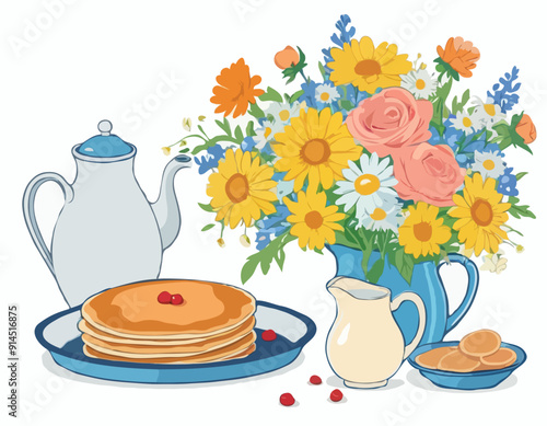 Still life of pancakes, a tray, a bouquet of flowers and a jug, a gravy boat. Proper nutrition, veganism. All items are separate. Isolated vector objects.