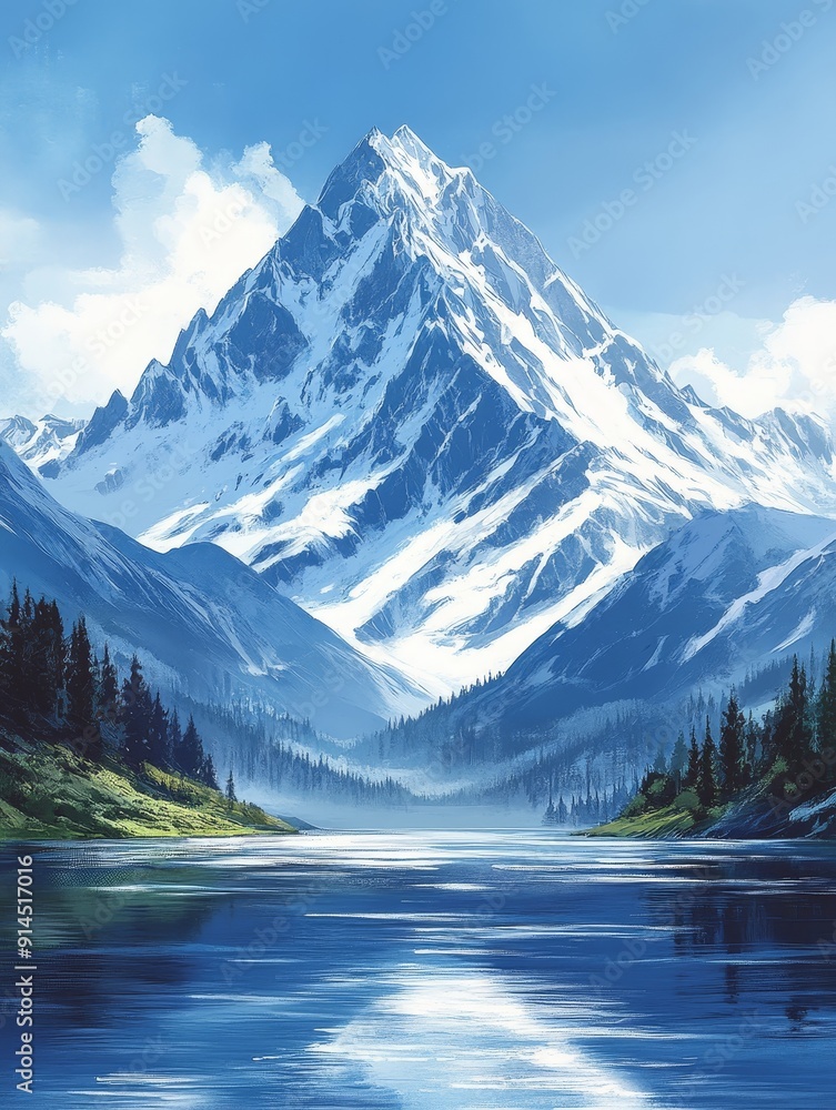 Fototapeta premium Snowy Mountain Peak Reflecting in a Tranquil Lake
