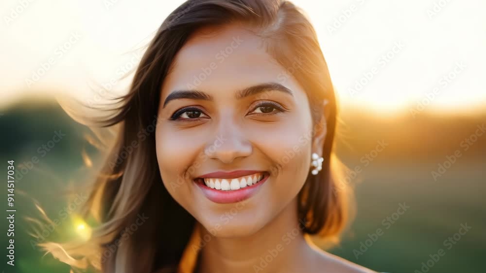 A young woman with a bright smile stands in a park during sunset, her hair gently flowing in the breeze. The warm colors of the sky enhance the joyful atmosphere as she enjoys the peaceful surrounding A young woman with a bright smile stands in a park during sunset, her hair gently flowing in the breeze. The warm colors of the sky enhance the joyful atmosphere as she enjoys the peaceful surrounding