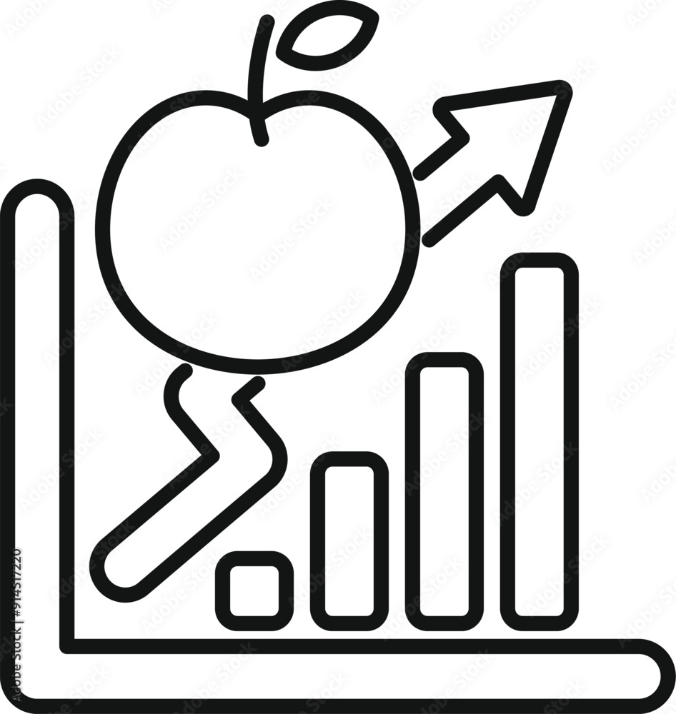 Line art icon of an apple growing on an increasing graph representing business success Line art icon of an apple growing on an increasing graph representing business success
