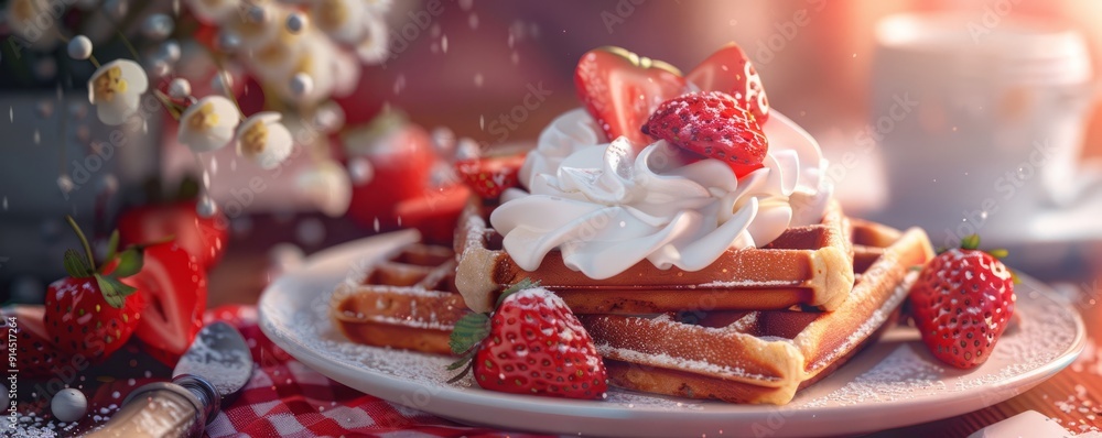 Fluffy Belgian waffles with whipped cream and strawberries, 4K hyperrealistic photo Fluffy Belgian waffles with whipped cream and strawberries, 4K hyperrealistic photo
