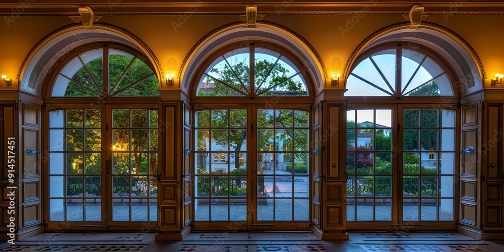 Obraz premium A large room with three arched windows, each with a different view of the outside. The room is well-lit, with a mix of natural