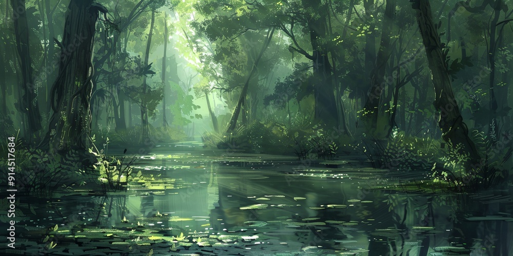 A painting of a forest with a river running through it. The mood of the painting is peaceful and serene A painting of a forest with a river running through it. The mood of the painting is peaceful and serene
