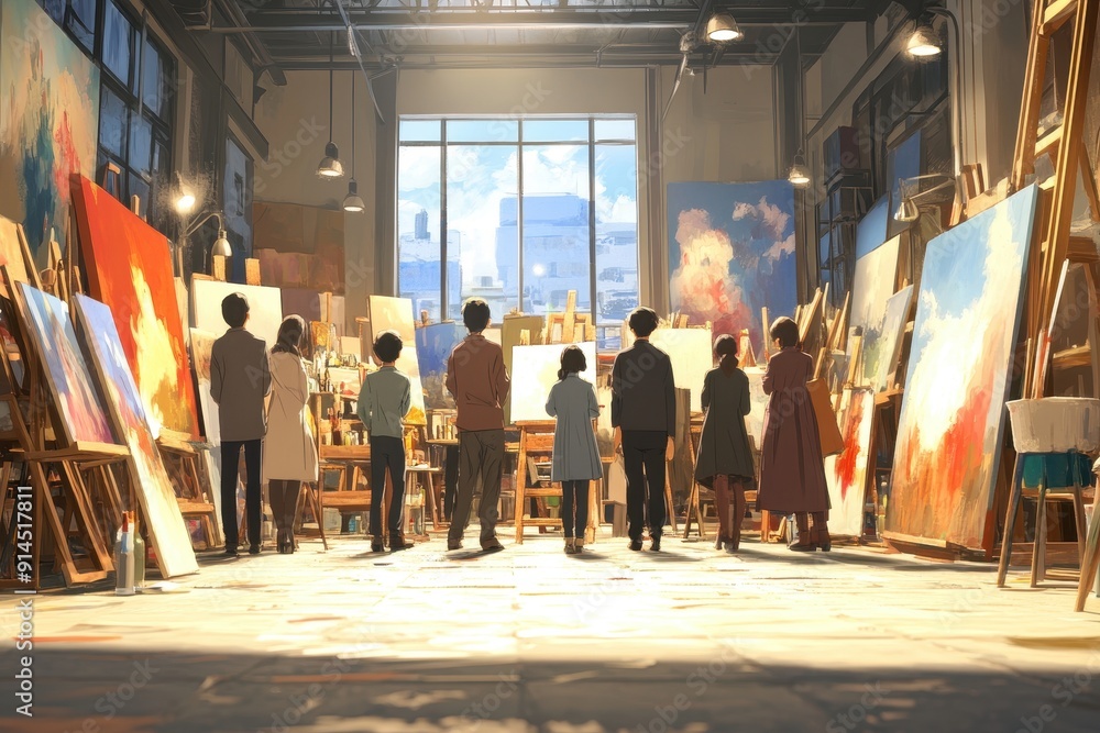 Fototapeta premium Group of People Observing Artworks in a Modern Studio Gallery