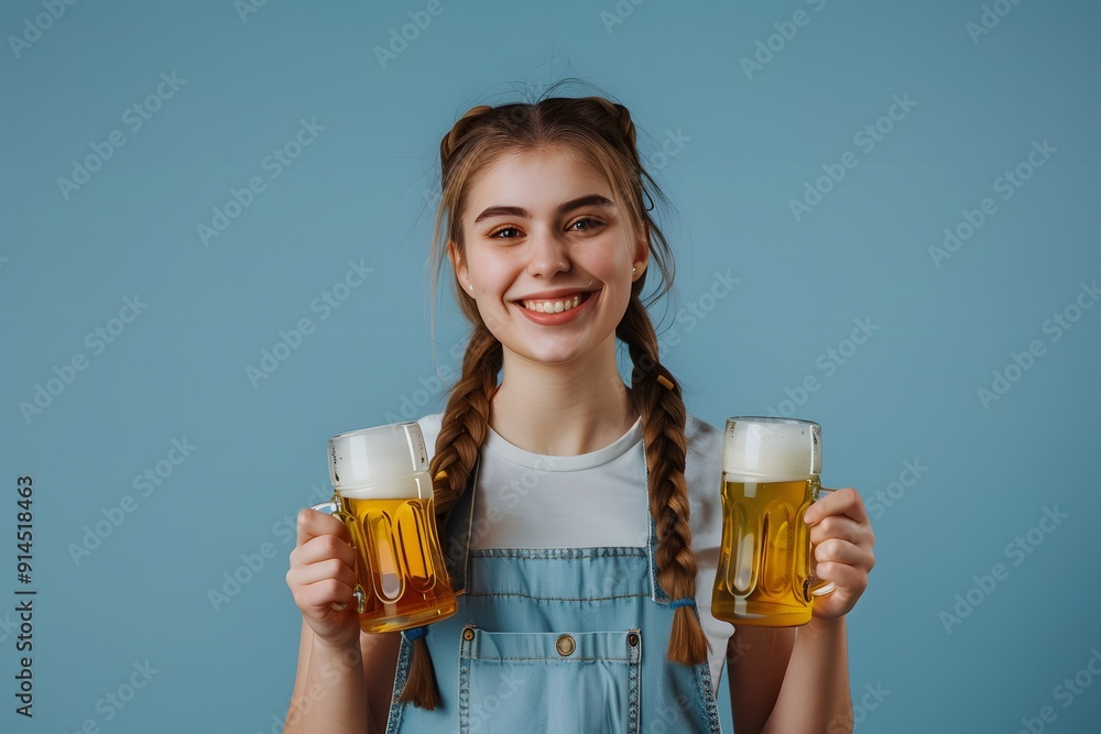 Young woman in dirndl holding two beer mugs, radiating joy at Oktoberfest against a bright turquoise background. Young woman in dirndl holding two beer mugs, radiating joy at Oktoberfest against a bright turquoise background.