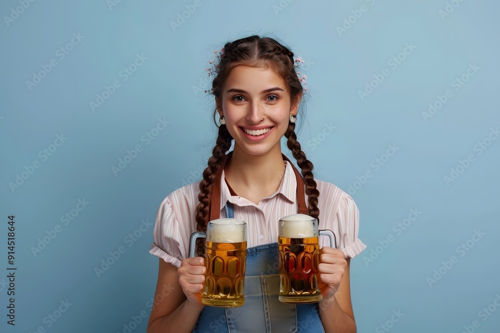 Young woman in dirndl holding two beer mugs, radiating joy at Oktoberfest against a bright turquoise background. Young woman in dirndl holding two beer mugs, radiating joy at Oktoberfest against a bright turquoise background.