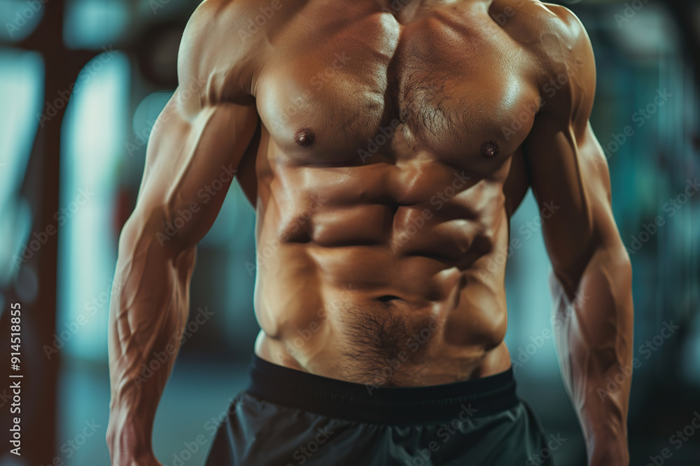 Fototapeta premium Male model with abdominal muscles, muscular trainer