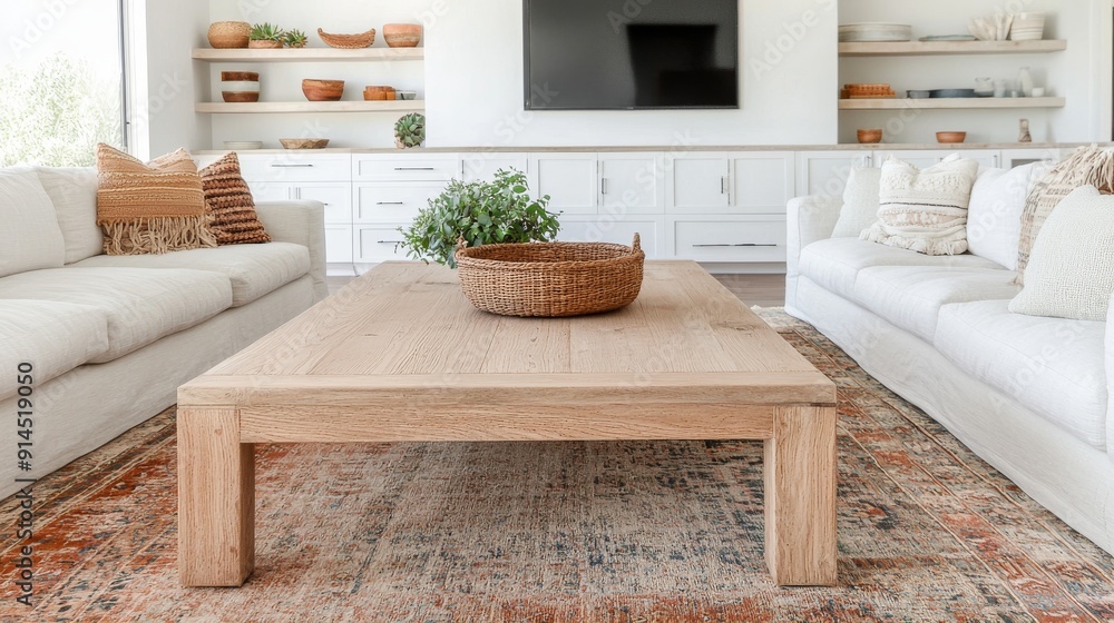 Modern Minimalist Living Room with Cozy White Sofas and Natural Wood Coffee Table Modern Minimalist Living Room with Cozy White Sofas and Natural Wood Coffee Table