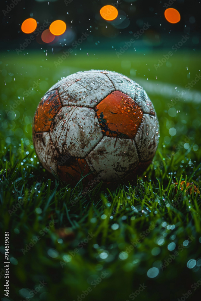 Fototapeta premium Wet Soccer Ball on Rainy Field, Night Match in Stadium