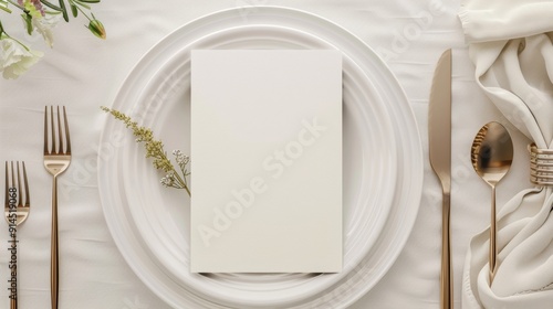 Wedding stationery invitation card mockup on white classic plate on white background with herbs , Menu card mockup with festive wedding or birthday table setting