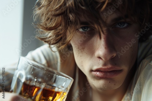 Male drunkard holding glass of whiskey, alcoholism problem