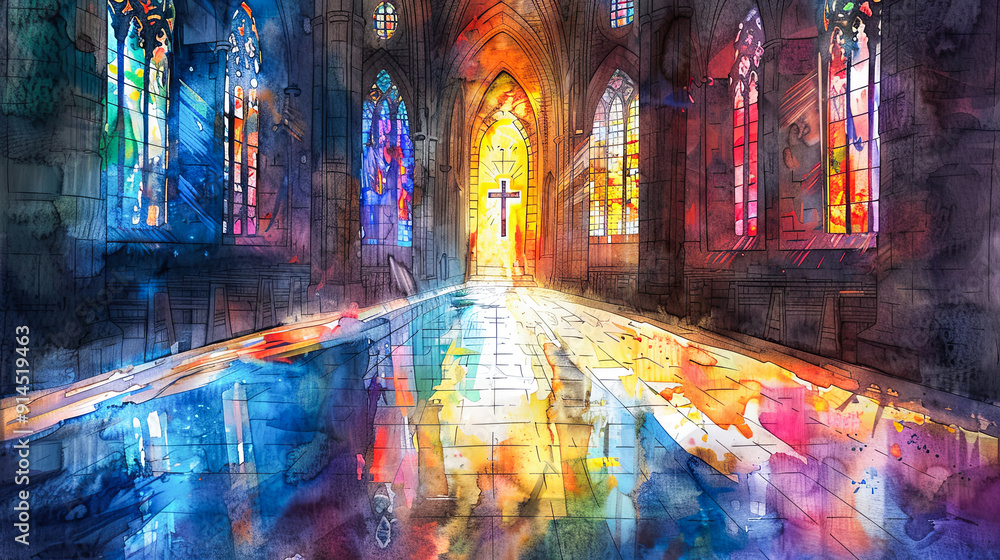 Fototapeta premium minimalistic Digital watercolor painting on white background of A dramatic portrayal of faith in God