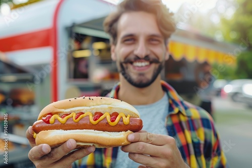 Young man with hot dog standing near street food truck photo