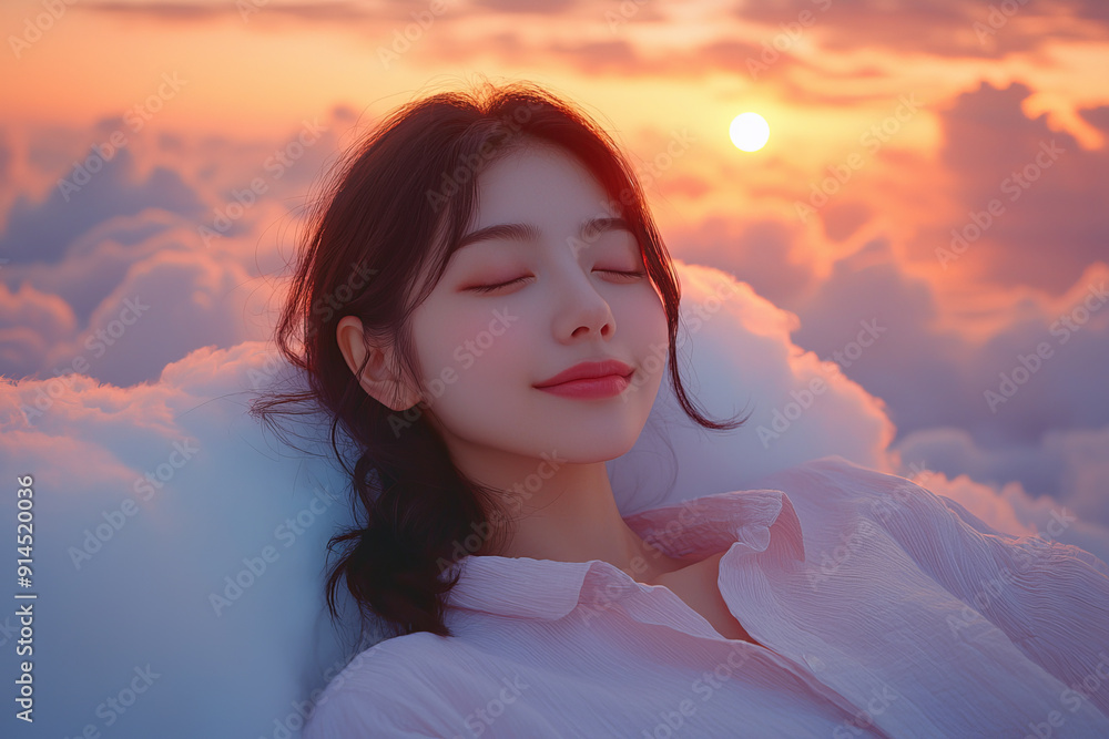 A Beautiful Woman Sleeping on a Cloud Above a Tranquil Landscape at Sunset. A Beautiful Woman Sleeping on a Cloud Above a Tranquil Landscape at Sunset.