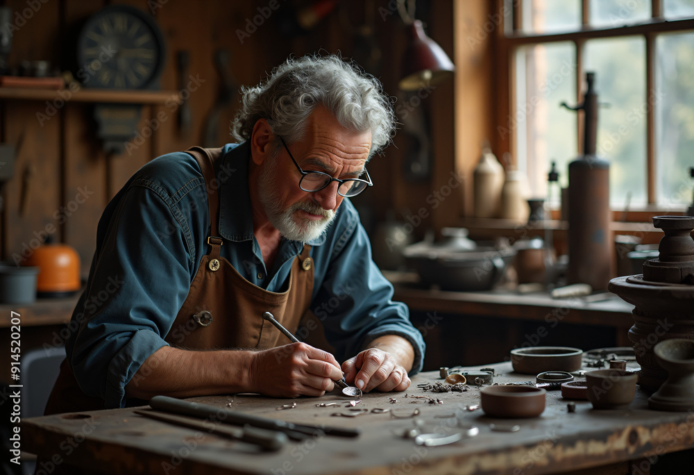 Middle aged artisan crafting silver pendant in workshop Middle aged artisan crafting silver pendant in workshop